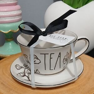Rae Dunn Floral Tea Cup and Saucer Set - Black and White NWT